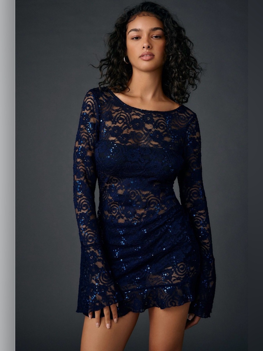 UO Let It All Sequin Embellished Lace Bell
Sleeve Romper Dress Urban Outfitters